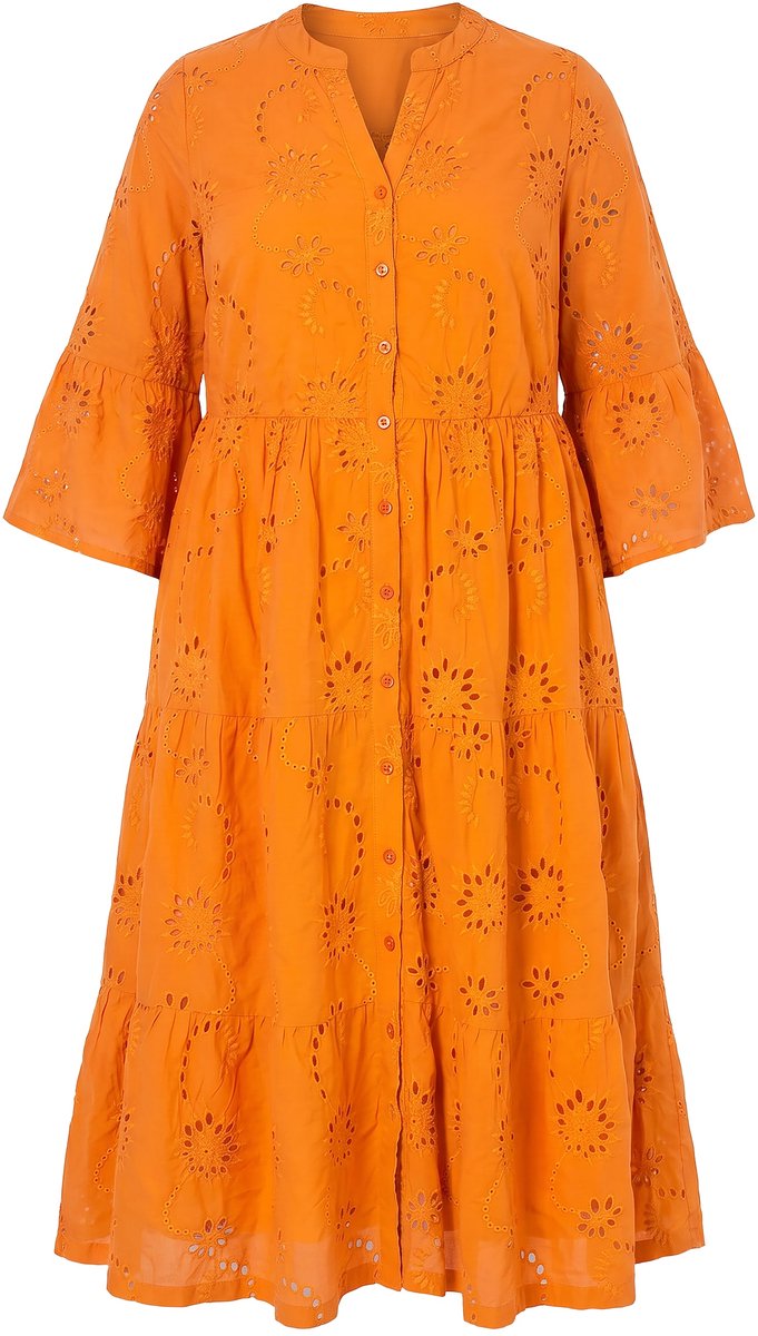 Studio Untold - Dames - Maxi-jurk opengewerkt borduursel volants 3/4-mouw - Oranje - Maat 54+