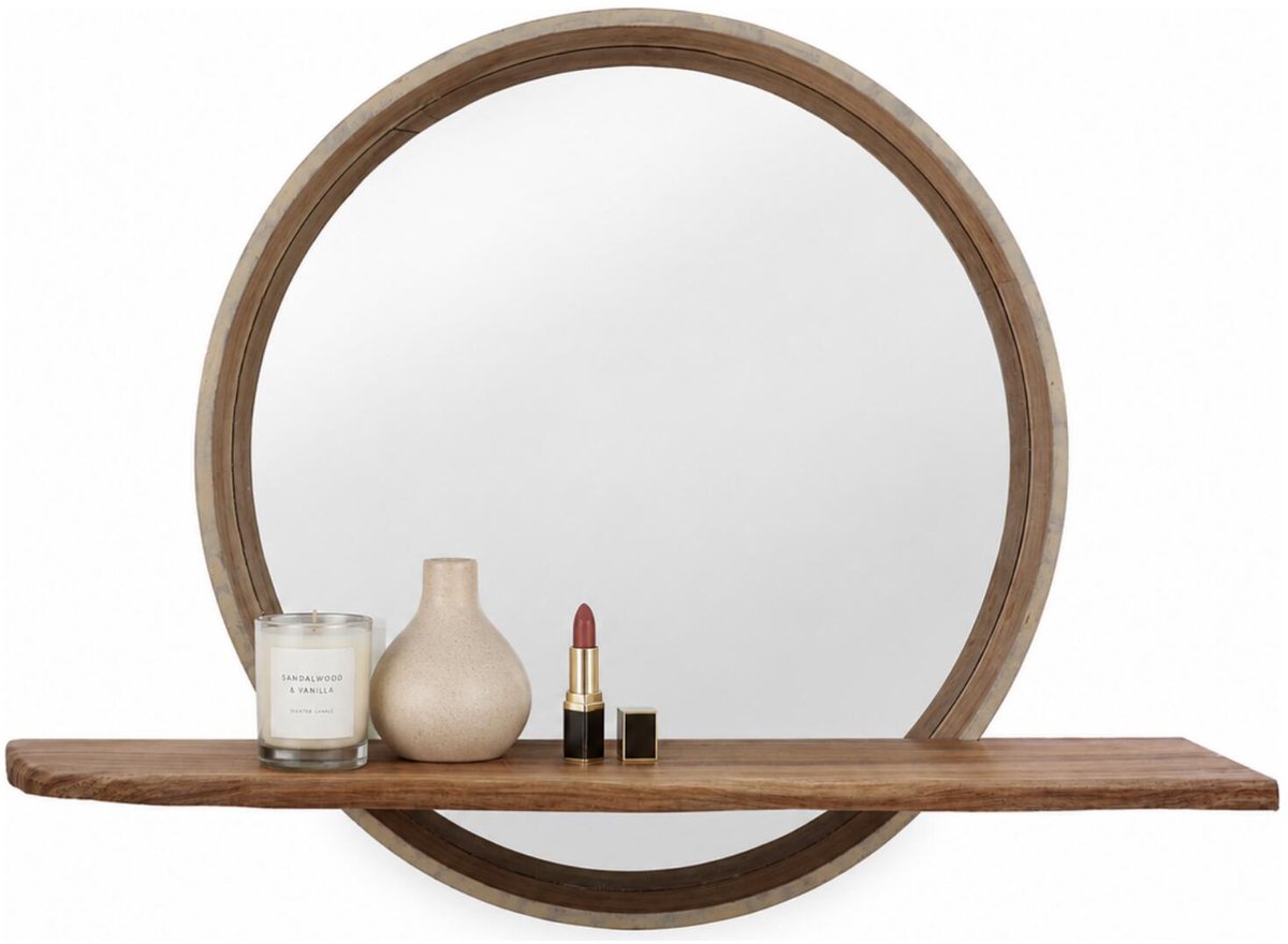 Home & Styling Spiegel met plank - rond - MDF - bruin - 60 x 12 x 40 cm - Ibiza Stijl