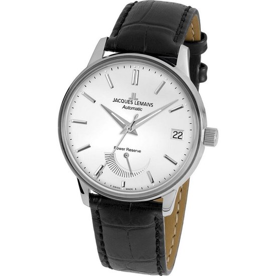 Zilverkleurig horloge met witte wijzerplaat, datumaanduiding, power reserve indicator en zwarte croco lederen band.