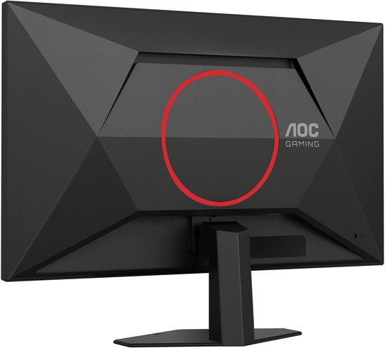 Zwarte monitor achterkant met AOC Gaming logo en rode cirkel.
