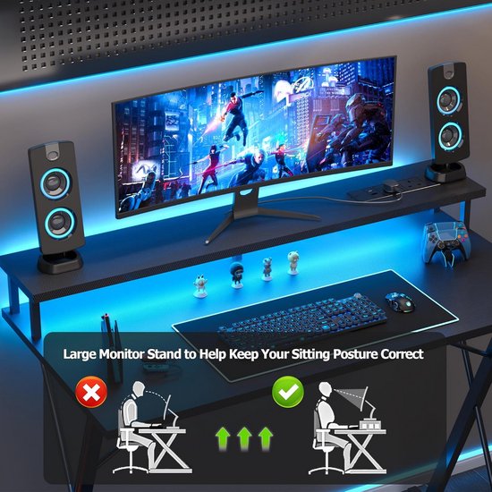 Ergonomisch Gaming Bureau met LED en Stopcontacten - 120x50cm van Merkloos — afbeelding 5