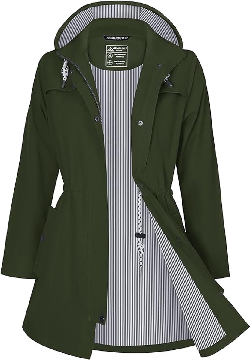 Daity Regenjas dames lang waterdicht en ademend met capuchon voor buiten Groen