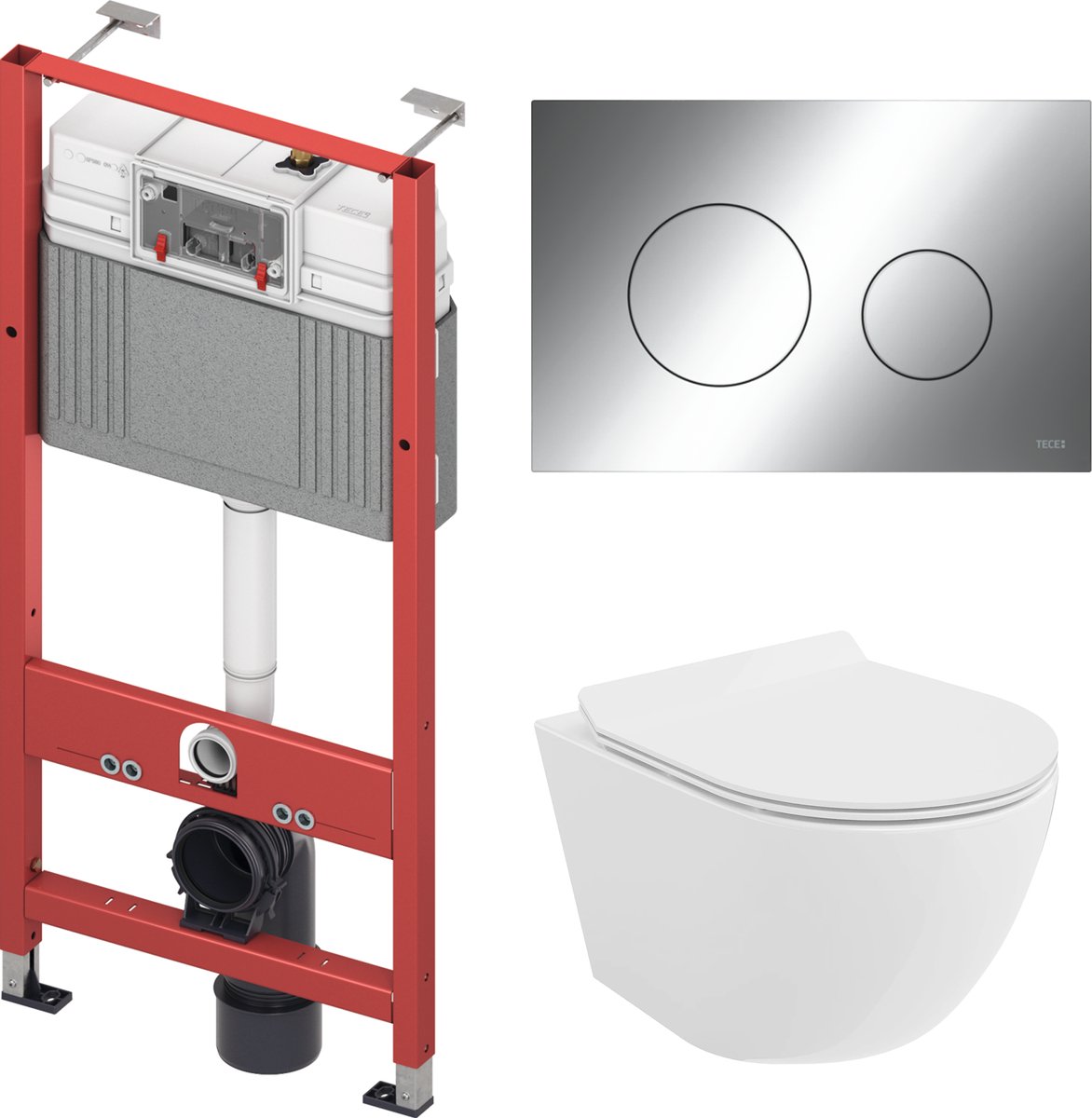 Badland Rolo toiletset - wandtoilet met TECEbase inbouwreservoir en bedieningsplaat chroom - wit, ronde knoppen