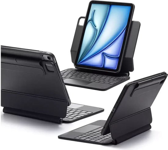 Drie weergaven van een zwarte tablethoes met toetsenbord en een tablet erin, met de hoek van de hoes veranderend.