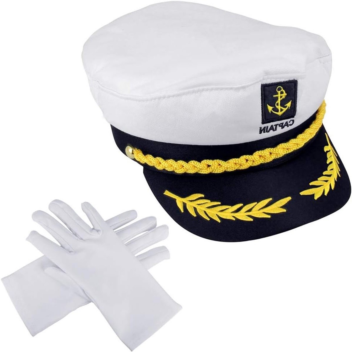Verstelbare marineblauwe pet met witte accenten en handschoenen voor carnaval, themafeesten en kostuums voor kinderen en volwassenen