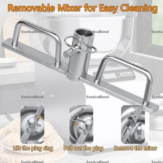 Professionele Deegmenger - Elektrische Deegmaker - Bakken en Mengen - Robuuste Industriële Mixer - 8kg Bloem - Zilver — afbeelding 3