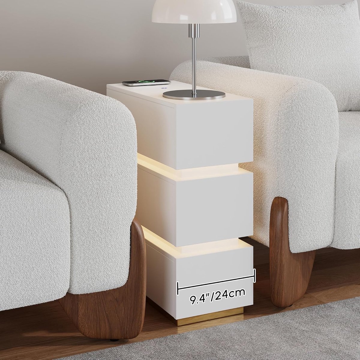 Nachtkastje met Draadloos Opladen en LED Verlichting – Set van 2 – 60 x 24 x 50 cm – Smal Smart Nachtkastje met 3 Laden, USB & USB-C Poorten – Modern Wit Slaapkamer Meubel – Mobili Bella