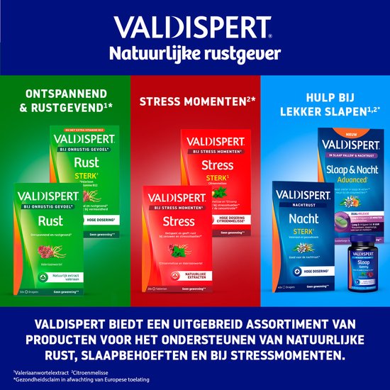Valdispert Rust, Stress en Nacht verpakkingen. Rust is groen, Stress rood en Nacht blauw.