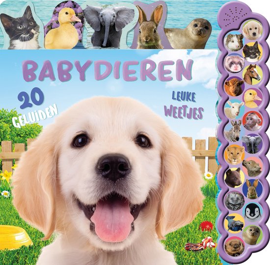 Boek met baby-dieren, met een grote gouden retriever pup op de voorgrond. 20 geluiden en leuke weetjes.