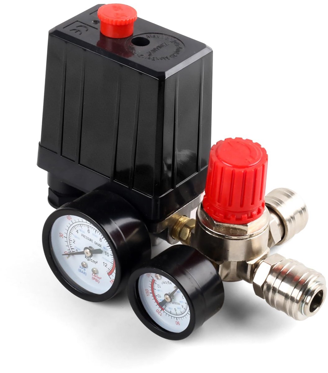Dailygoods- Drukregelaar 220V - Drukschakelaar - Compressor met 2 Manometers - Veiligheidsventiel - Nauwkeurige Drukregeling - 120 psi