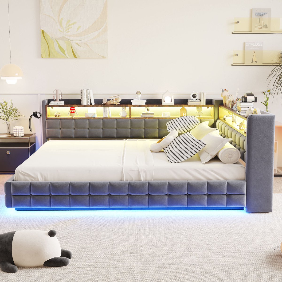 OKWISH Gestoffeerd Slaapbankbed 140x200 cm - Met Ledverlichting En Oplaadpunten - Hydraulische Opbergruimte - Zonder Matras - Grijs