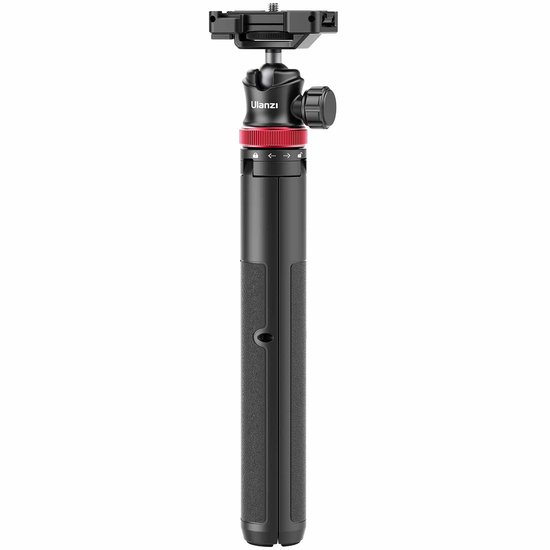 Zwarte selfiestick met rode ring en anti-slip grip, met schroefbevestiging bovenop.