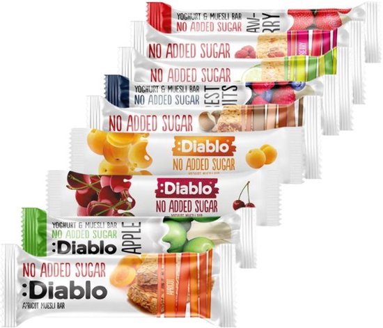 Verschillende Diablo yoghourt & mueslirepen zonder toegevoegde suikers, met afbeeldingen van fruit en muesli.