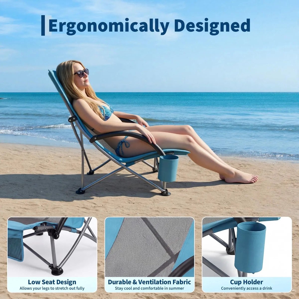Hutjemutje - opvouwbare strandstoel - set van 2 - lichtgewicht campingstoel - met bekerhouder - tot 150 kg - inclusief draagtas - blauw — cadeau in Sport & Outdoor - foto 6
