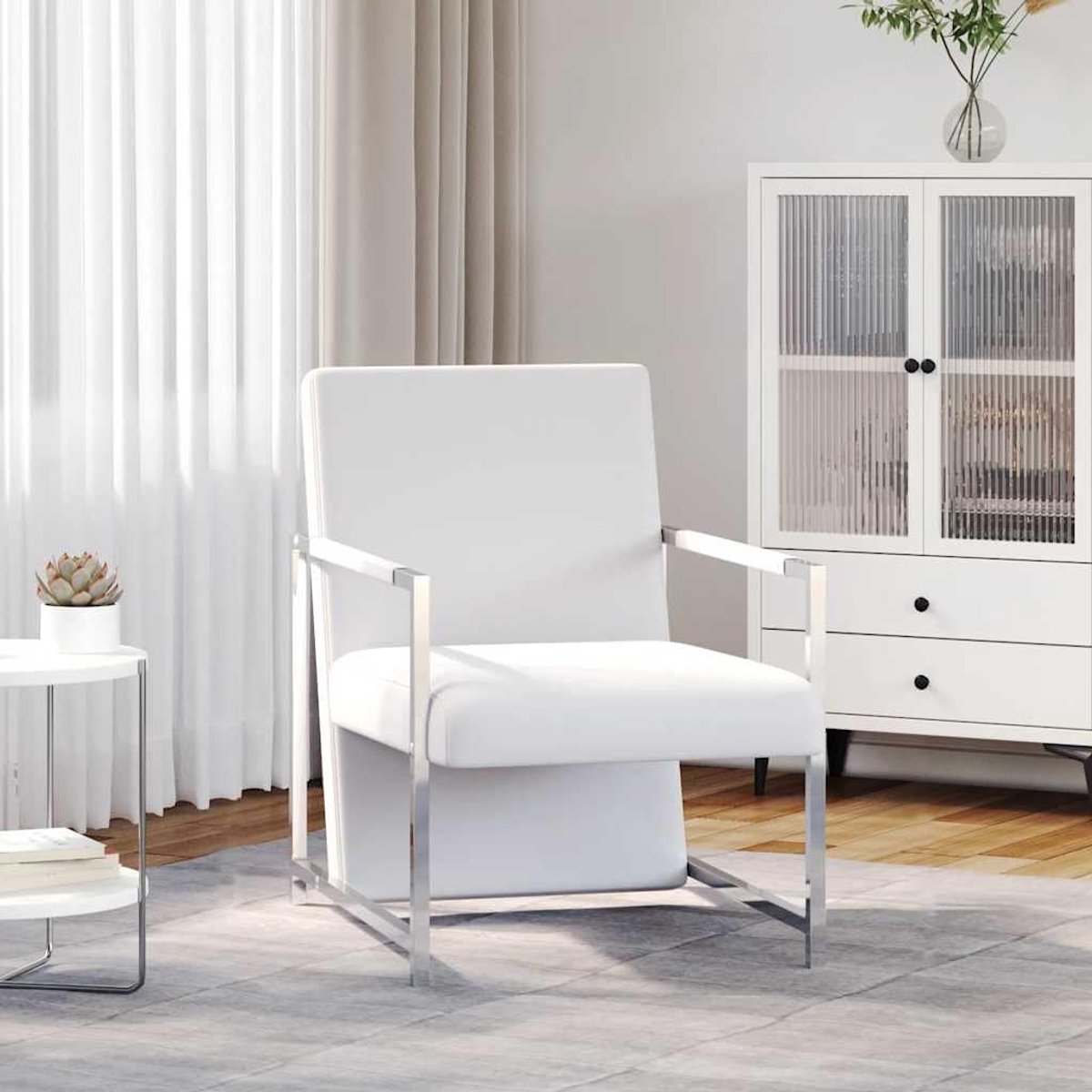 LunaCube Design Relaxfauteuil 53 x 69 x 73 cm – Moderne Lounge Fauteuil met Chromen Poten, Ergonomische Zitting, Luxe Witte Stoffering voor Woonkamer, Kantoor en Lounge