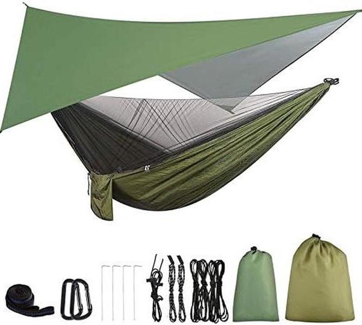 Hangmat met Muggennet - Kampeerhangmat Buiten - Ontspannen in de Natuur - Lichtgewicht en Draagbaar - 200 kg - Groen