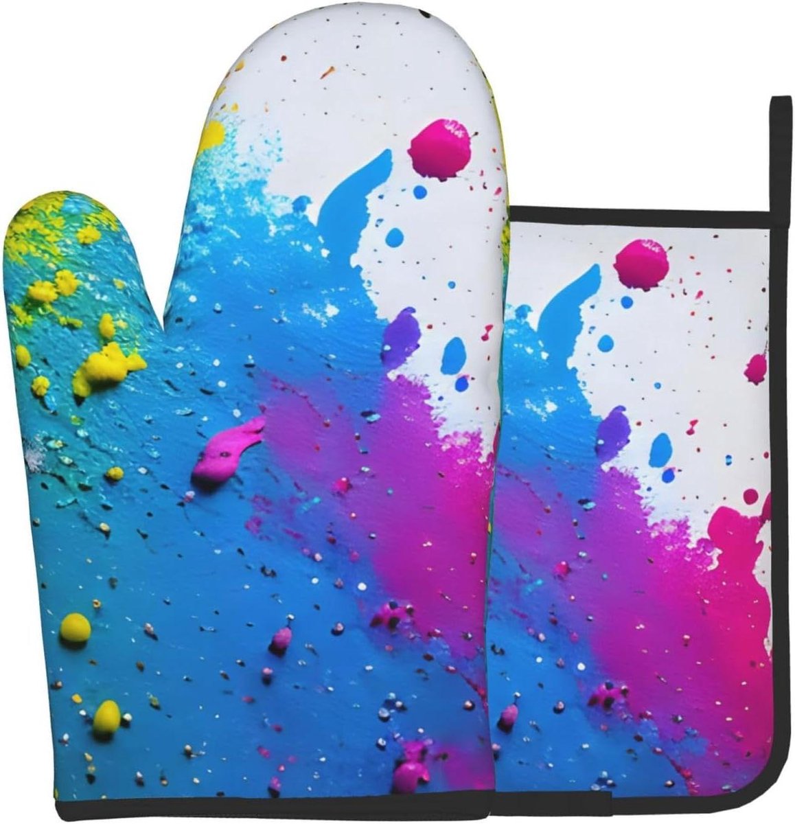 Ovenwanten Set - Pannenlap Matten - Hitte Bescherming - Antislip Grip - 20x20cm - Verf Splatter
