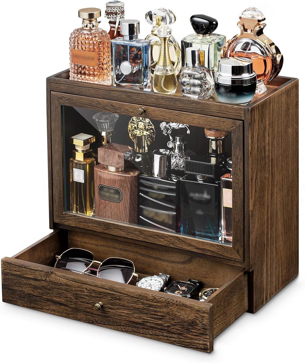 Houten Geurhouder voor Mannen met Grote Capaciteit, Organiser met Lade voor Parfum en Sieraden, Perfect Cadeau voor Geurliefhebbers