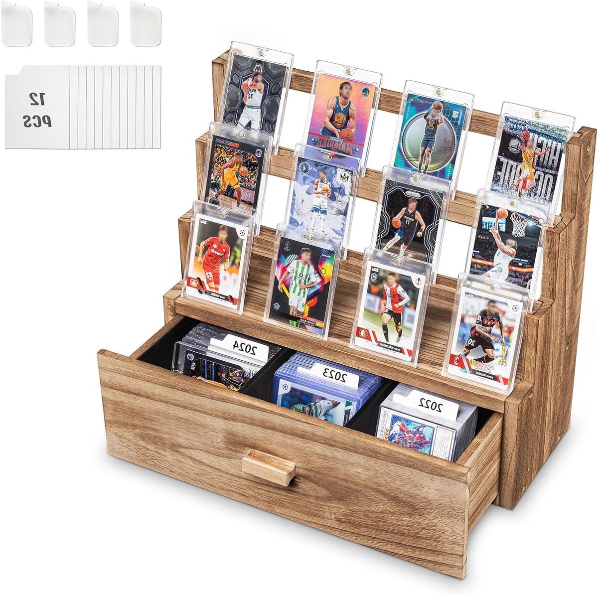 Drie-laags houten opslag voor trading cards met op maat gemaakte tray, kaarthouders en dividers voor het organiseren van verzamelkaarten en sportkaarten