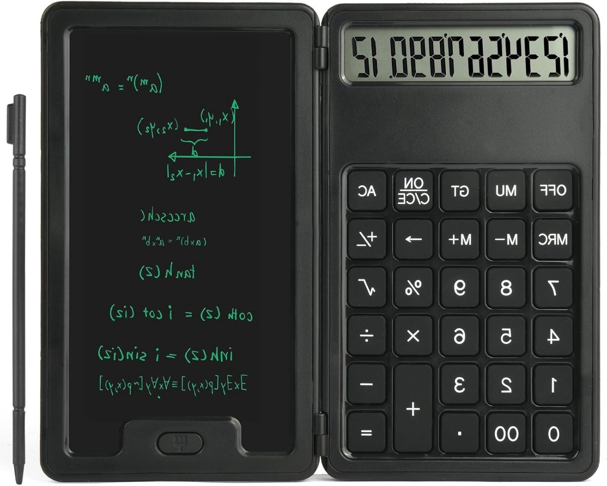Draagbare Rekenmachine met Notitieblok en LCD Schrijfbord - 12 Cijfers, Groot Display, Ideaal voor School en Kantoor