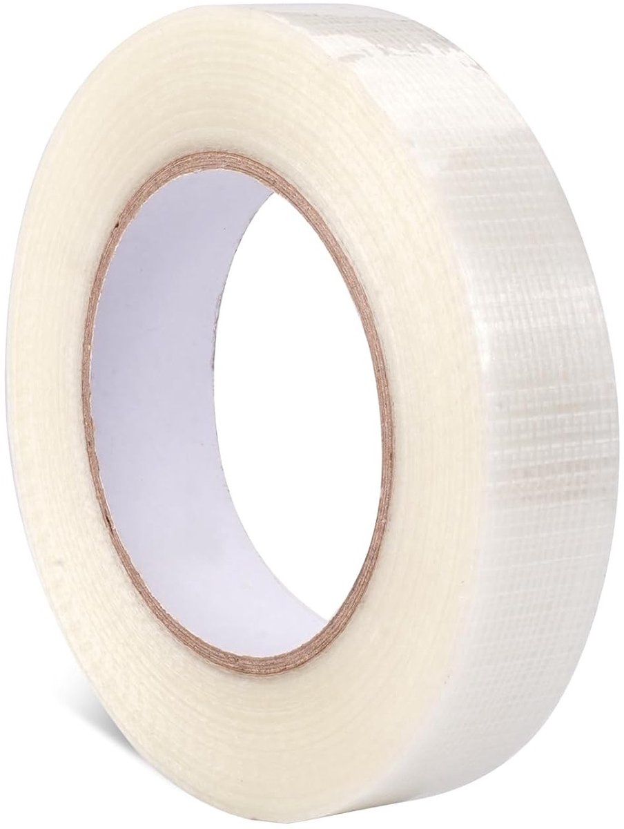 Extra sterke transparante verpakkingstape 50m x 25mm, glasvezel versterkt voor zwaar gebruik, ideaal voor reparaties en afdichten van leidingen