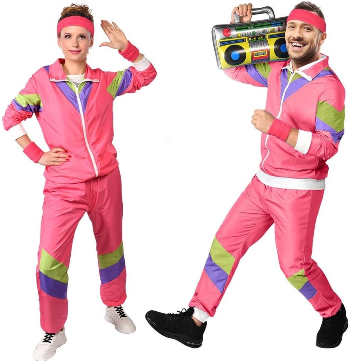 80's Retro Shell Suit Kostuum voor Disco Feest, Inclusief Hoofdband en Polsbanden voor Mannen en Vrouwen (Rood-M)