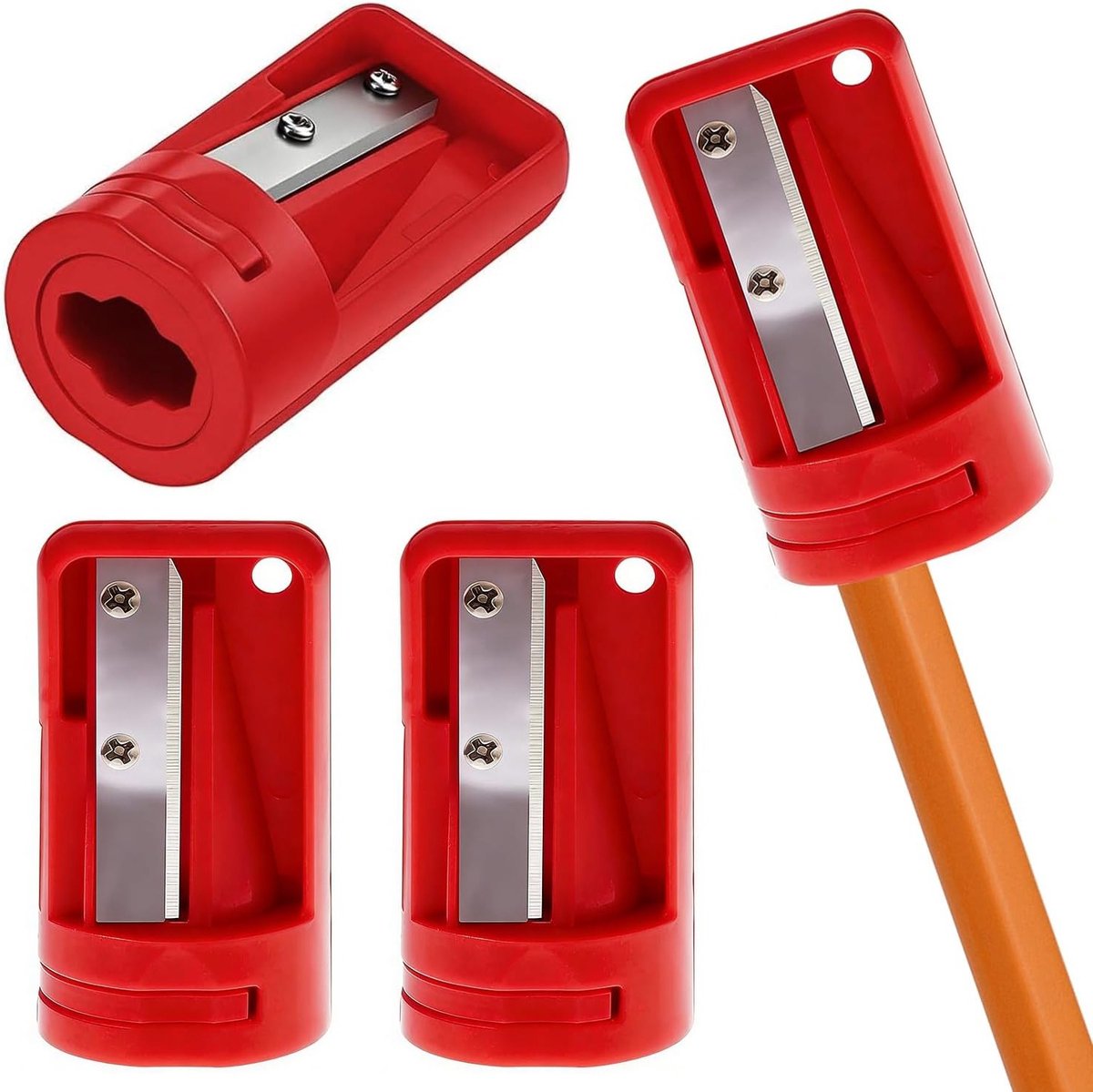 Set van 4 Houten Potloodslijpers voor Timmerwerk, School, Kantoor en Reizen - Rood Potloodsnijders