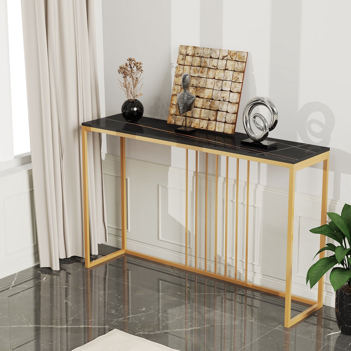 FATIVO Consoletafel marmerlook- Haltafel - Wandtafel - Metalen frame - Zwart & goud - 120x30x78,5cm - Voor Hal, Woonkamer