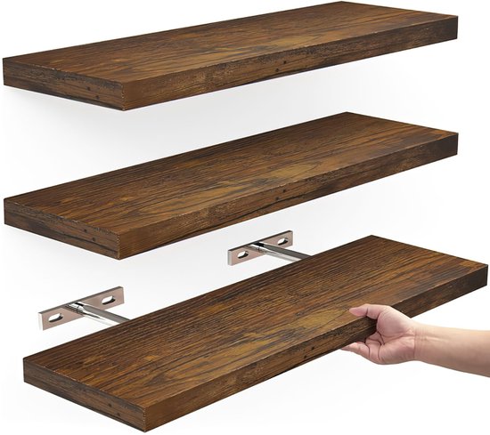 Set de 3 Étagères Murales en Bois – Étagères Murales Flottantes Rectangulaires en Bois Massif – Set d'Étagères Murales pour Salon et Chambre – Décoration Murale et Étagère de Rangement
