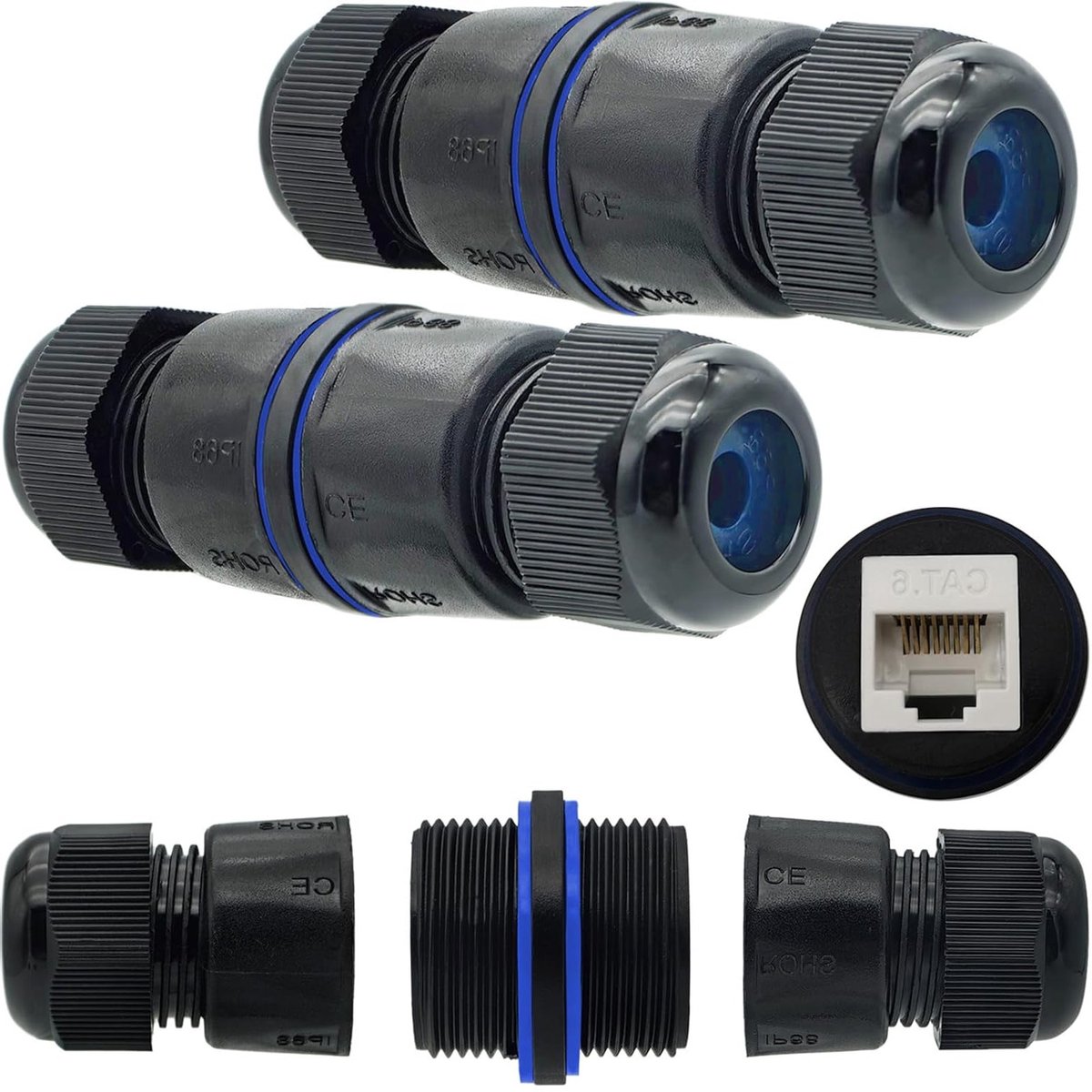 Waterdichte RJ45 Coupling Connector, 2 Stuks, Voor CAT.6E/CAT.6/CAT.5E/CAT.5, Ethernet Verbindingen voor Buiten, Vrouwelijke Aansluiting, Duurzame Netwerkverbindingen