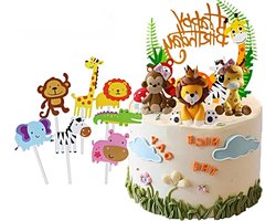 11-delige taartdecoratie met bosdieren voor een eerste verjaardag - Jungle dieren, safari zoo cake topper en figuren zoals giraffe, leeuw en aap