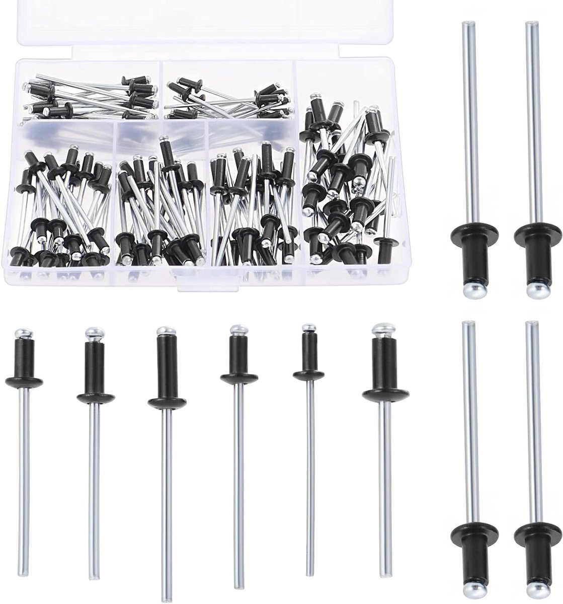 120 Stuks Zwarte Aluminium Blind Rivets Set met 6 Maten en Opbergdoos voor Metaal, Hout en Kunststof