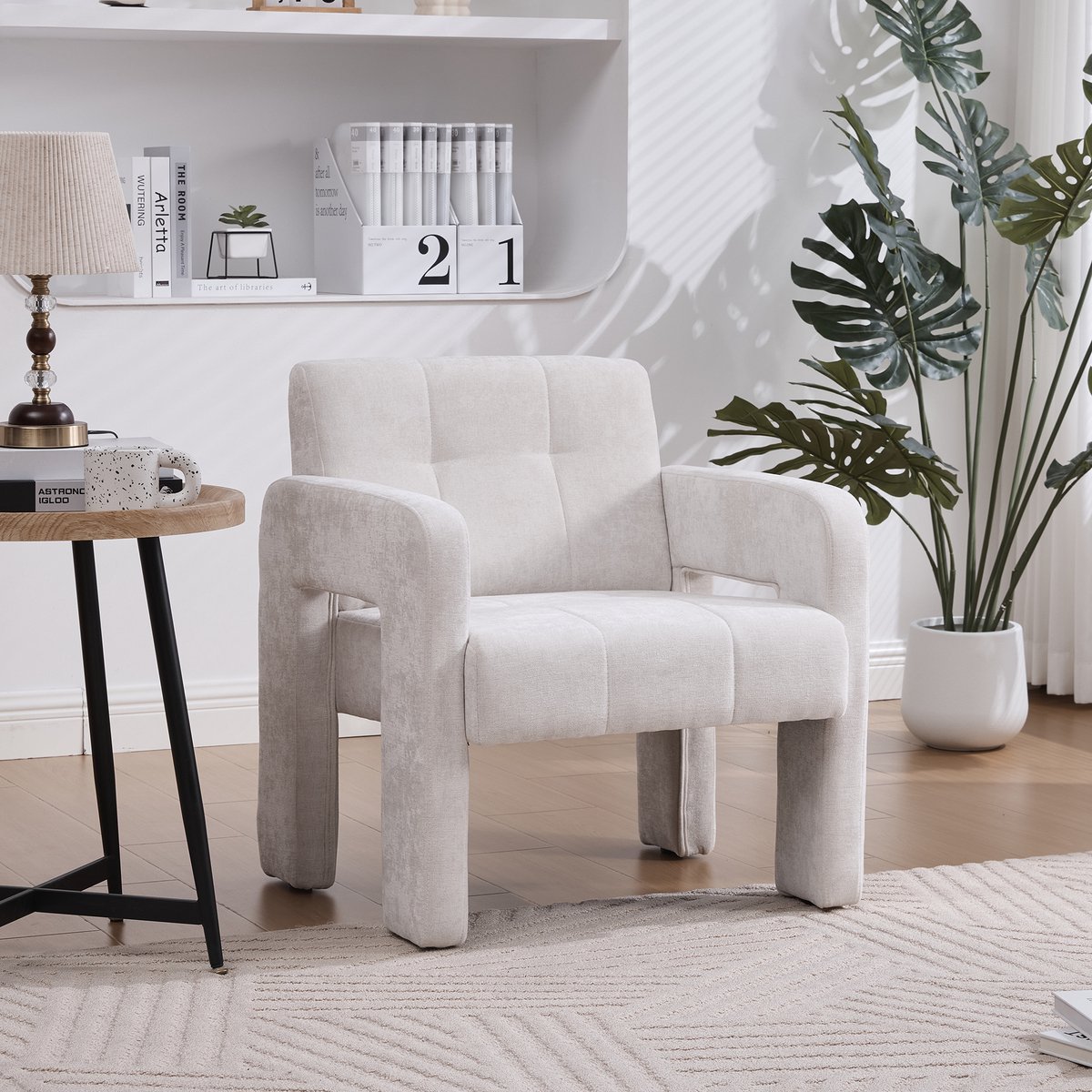 FloraGrace Fauteuil 67,5 x 69 x 74,5 cm - Ergonomische Armleuningen - Woonkamer of Slaapkamer - Chenille - Beige