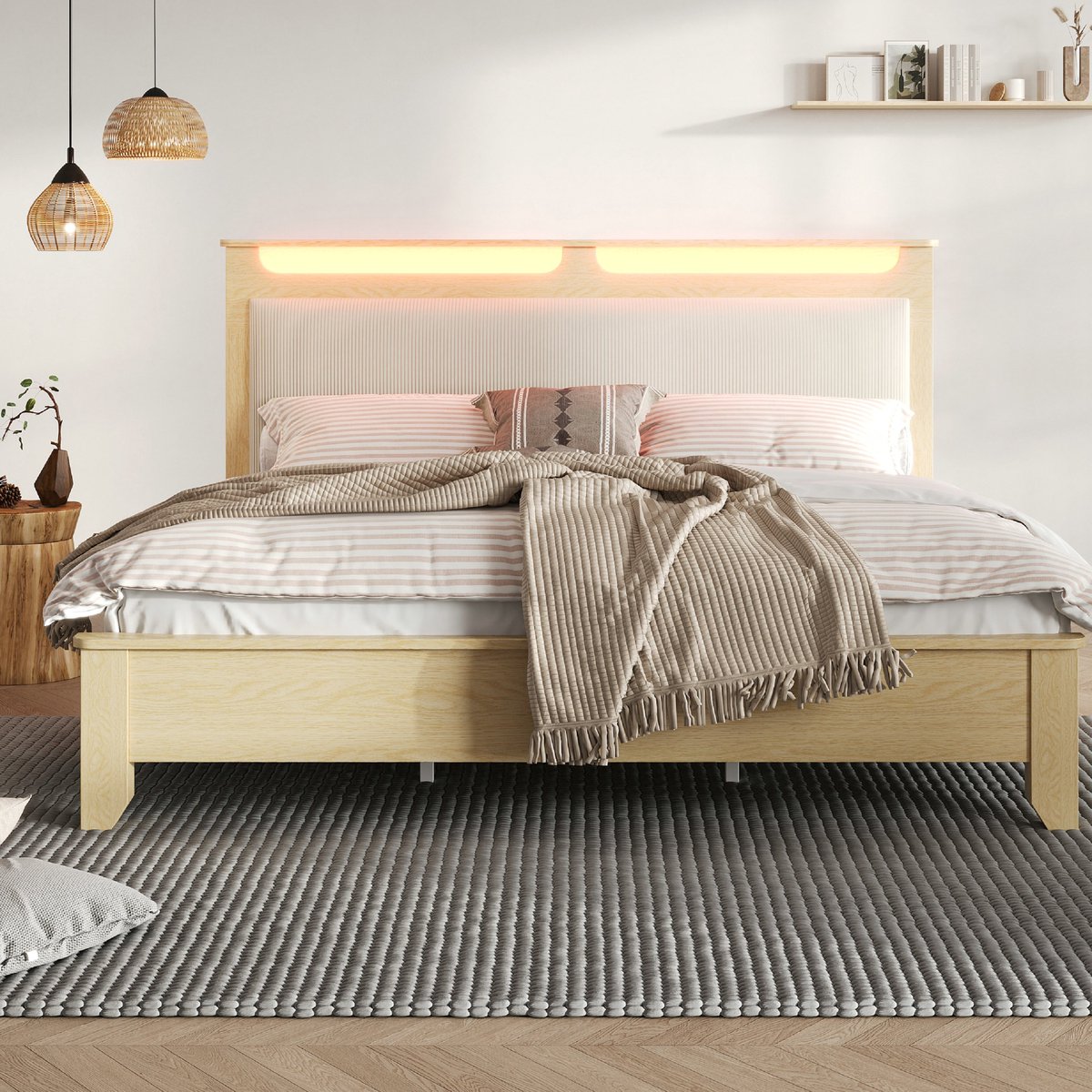 VVBV Bed met opbergruimte 160x200 / Tweepersoonsbed 160x200 – met Hydraulische Opbergruimte, LED-Verlichting, Lattenbodem – Hoofdbord – Rugleuning – Beige