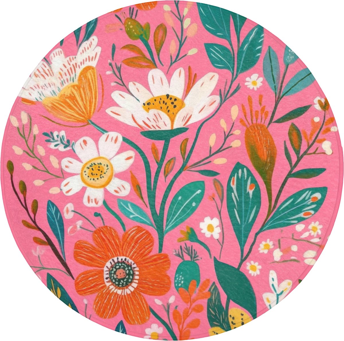 WC mat rond 70x70 cm - Antislip - Roze - Bloemen - Wit - Oranje - Toiletmat - Vloermat - D