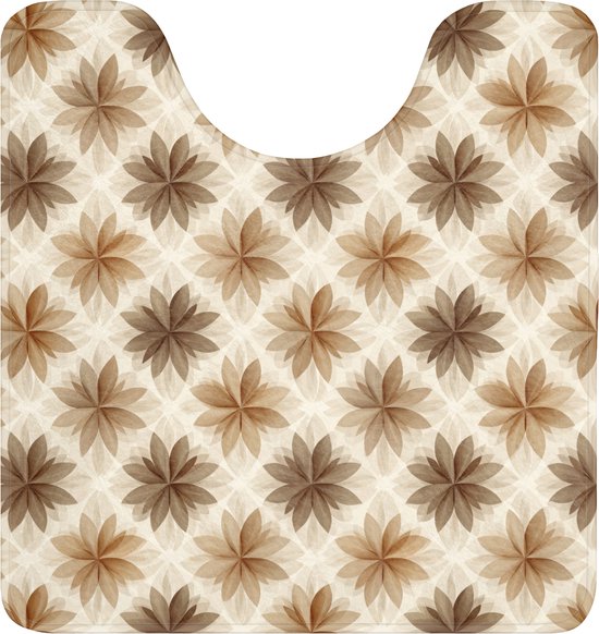 Tapis de toilette avec motif floral géométrique dans des tons de brun et fond crème.