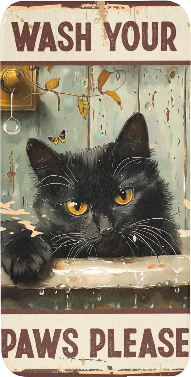 Badmat 60x120 cm - Antislip - Vintage - Kat - Quotes - Wash your paws please - Spreuken - Badmatten voor badkamer - Badkamermat - Douchemat - Badkamer mat
