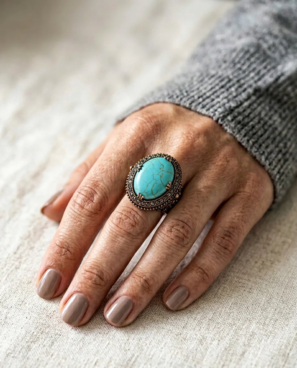 Dorvina Bronzen Dames Antiek Sieraad Ring Turkoois Firuze Steen Ovaal Model Verstelbaar Vintage Ring