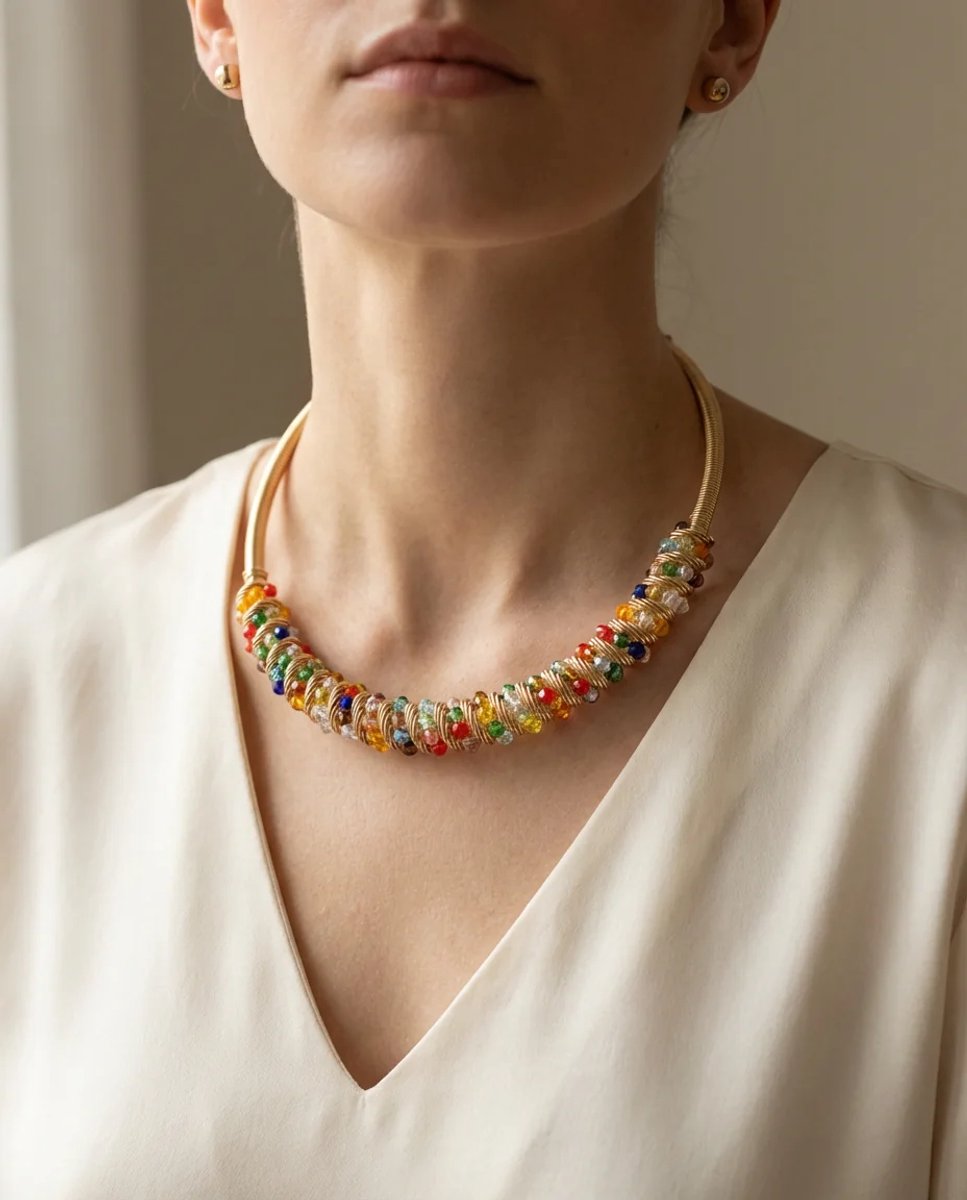 Dorvina Messing Verkleurt Niet Sieraad Goudkleurig Antiek Model Tasma Spiraal Gekleurde Steen Choker Vintage Dames Kupeli Ketting Seti