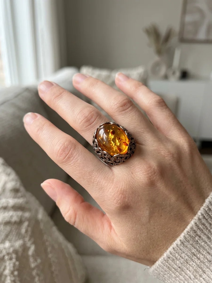 Dorvina Bronzen Vintage Dames Ring Authentiek Sieraad Kehribar Look Ovaal Steen Dantel Model Verstelbaar