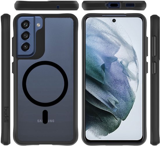 Weergave van een donkerblauwe Samsung S21 FE met een zwart hoesje van alle kanten, inclusief scherm.
