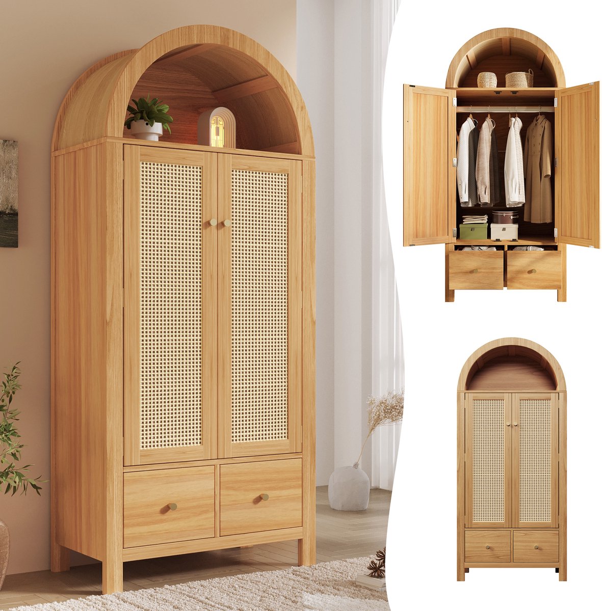 Kledingkast 181x78x45 cm met rotan vlechtwerk, landelijke stijl in eikenlook, open halfronde plank, 2 deuren met magnetische sluiting, 2 lades, kledingstang en anti-kantelbeveiliging