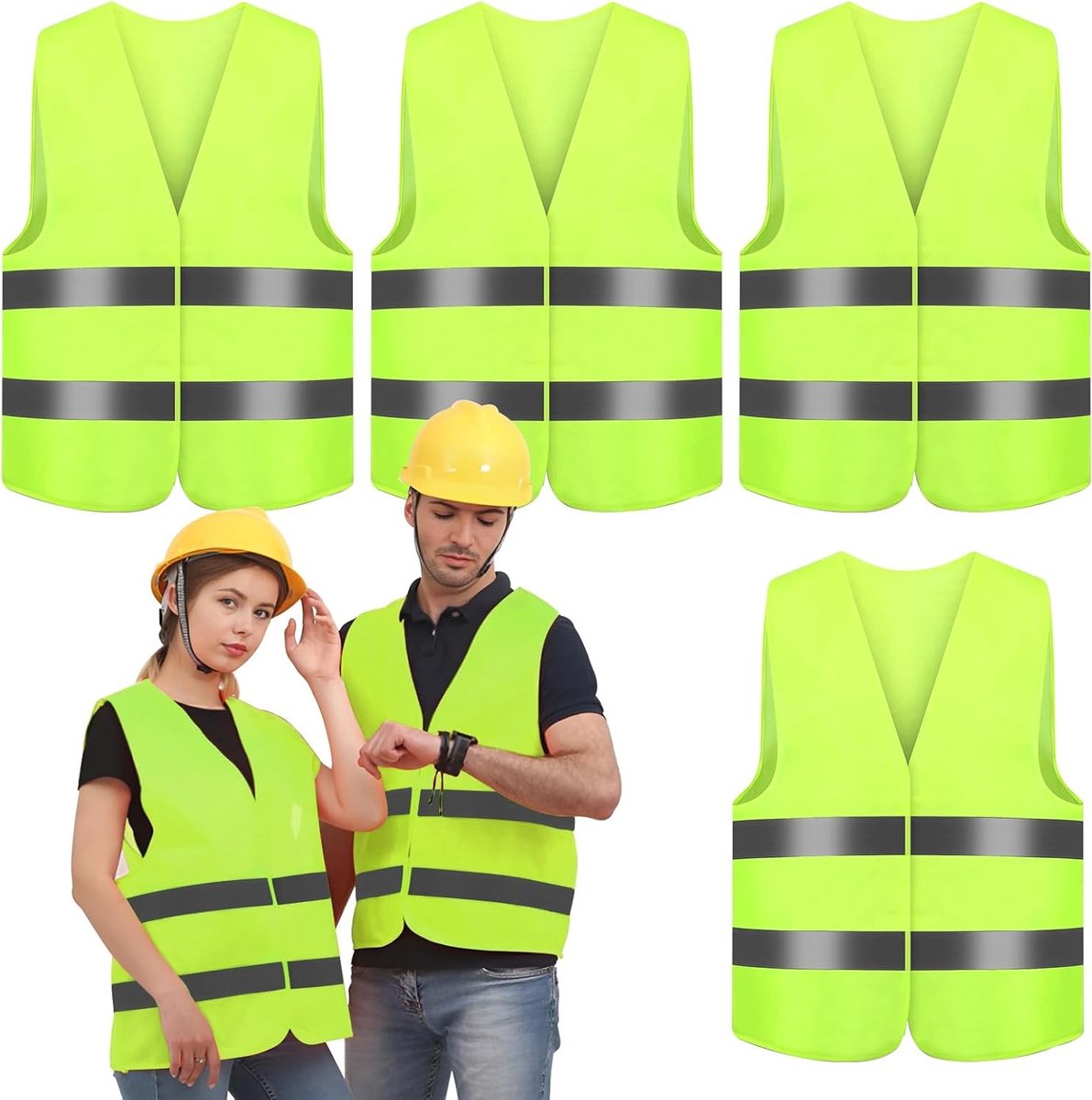 Set van 4 Reflecterende Veiligheidsvesten voor Hoog Zichtbaarheid, Geel, Unisex, Ideaal voor Werk, Verkeer en Noodhulp