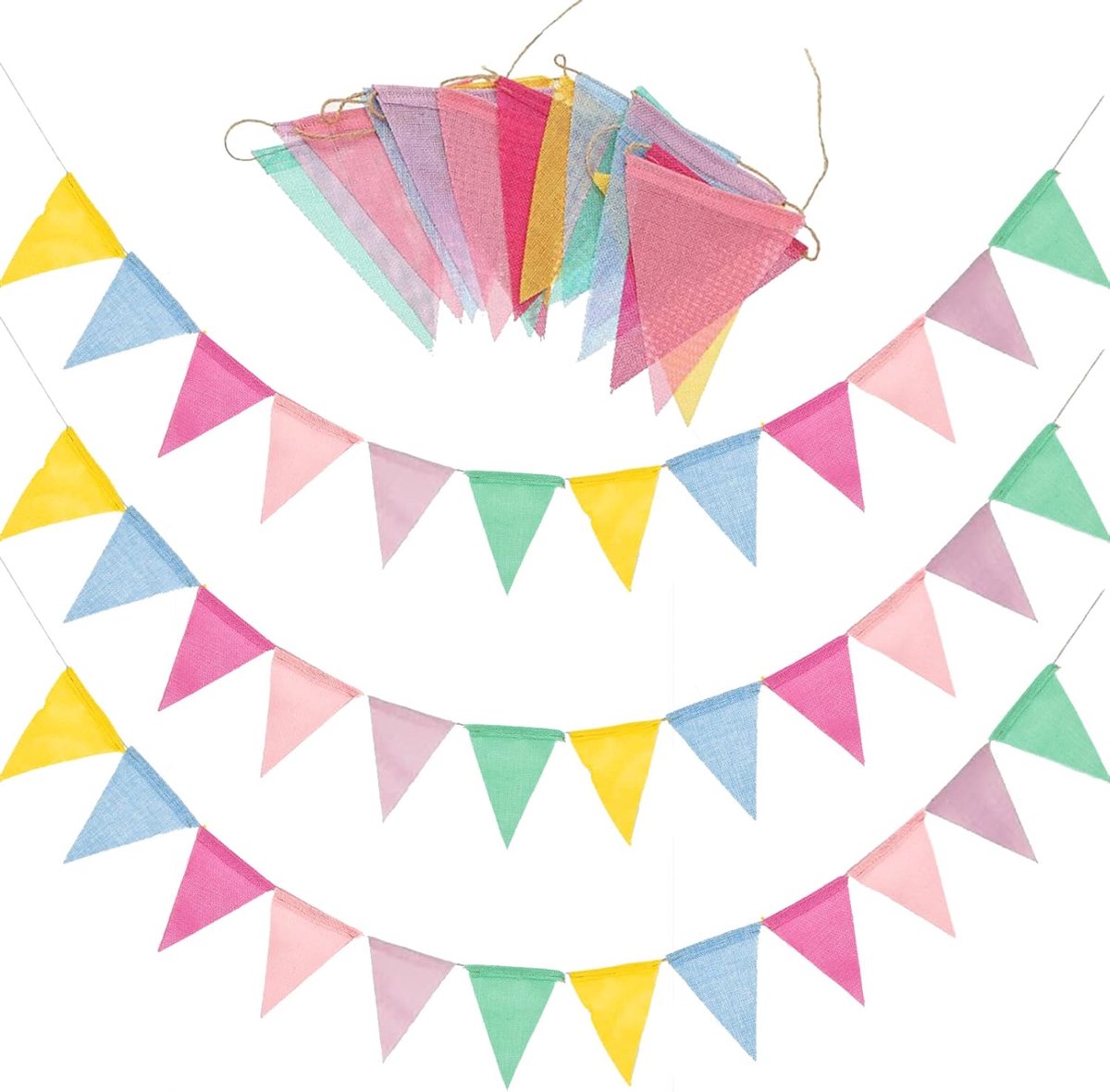 OLOEY 60 vlaggen-veelkleurige waterdichte driehoekige vlaggen voor buiten-gemaakt van imitatie linnen en jute-ideaal voor bruiloften-verjaardagsfeesten-huisdecoratie en festivals