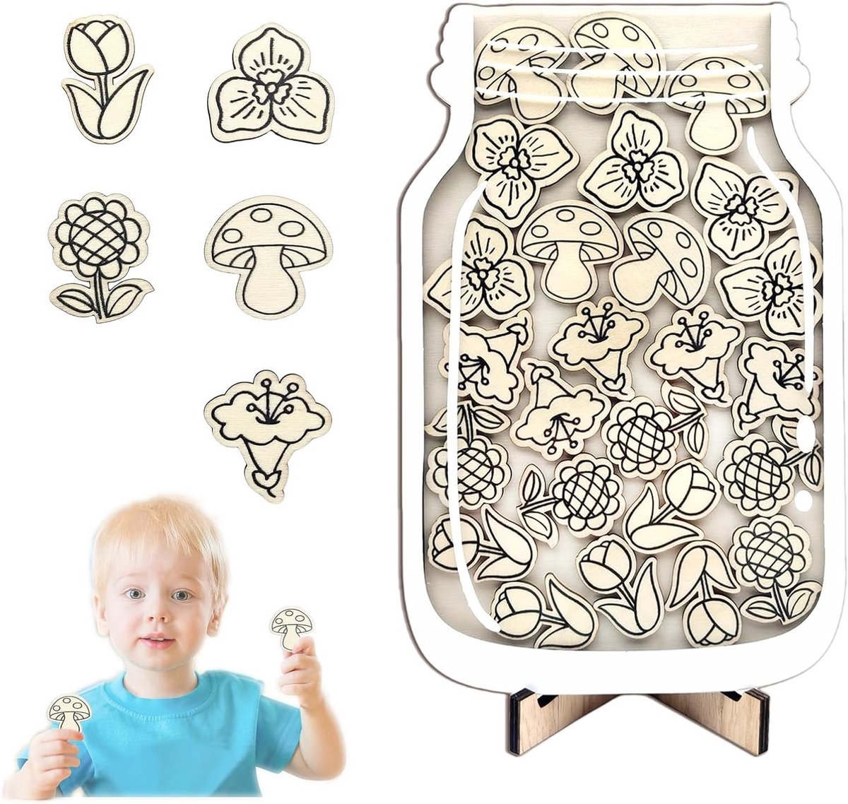 Houten Beloningspot voor Kinderen, DIY Beloningsschema met Bloemen en Paddenstoelen, Ideaal voor Thuis en School om Goed Gedrag te Stimuleren