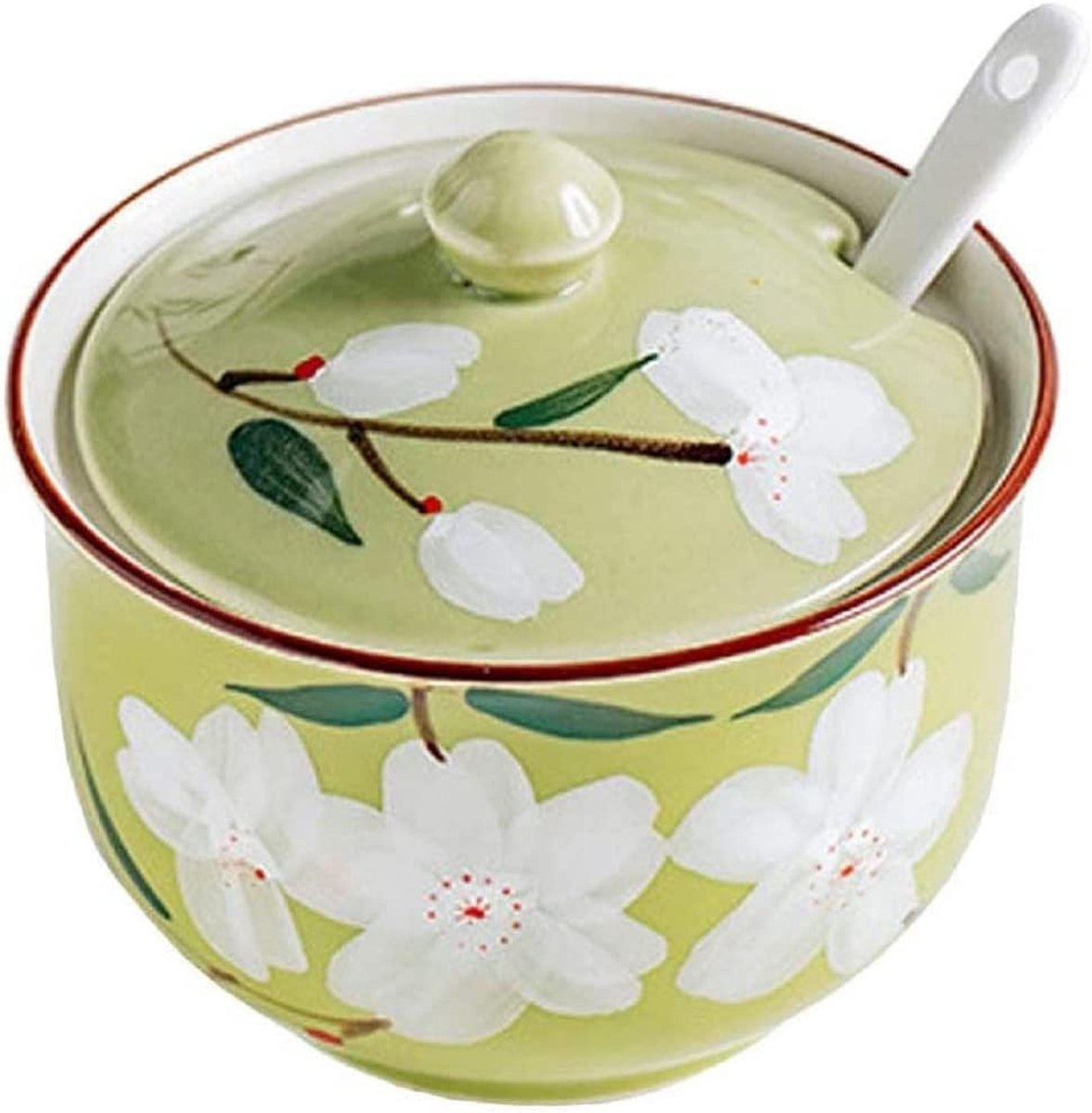 JeiibrZui Keramische Kruidenpot Groen - 300 Ml - Met Deksel En Lepel - Bloemenpatroon - Voor Keuken En Eettafel