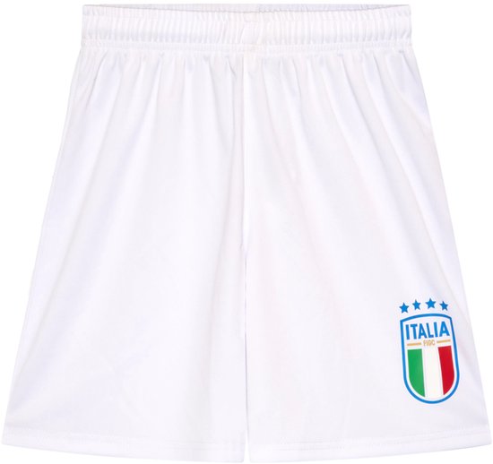 Witte voetbalshort met Italiaanse vlag-embleem en 'ITALIA' met vier sterren.