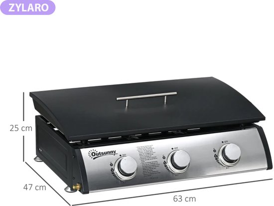 Gasbarbecue - Tafelmodel Gasbarbecue en Gasgrill - 3 Branders - 7,5 kW - met Deksel, Vetopvangbak, Antiaanbakplaat - 63 x 47 x 25 cm - Zwart + Zilver van Merkloos — afbeelding 2