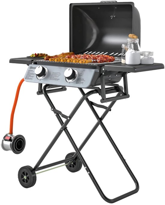 Gasbarbecue - Inklapbaar Gasbarbecue en Gasgrill - 2 Branders - Grillwagen - 5,6 kW - met Grillrooster, Wielen, Bijzettafels, Drukregelaar, Slangen, Thermometer - 101 x 50 x 102 cm - Zwart van Merkloos — afbeelding 3