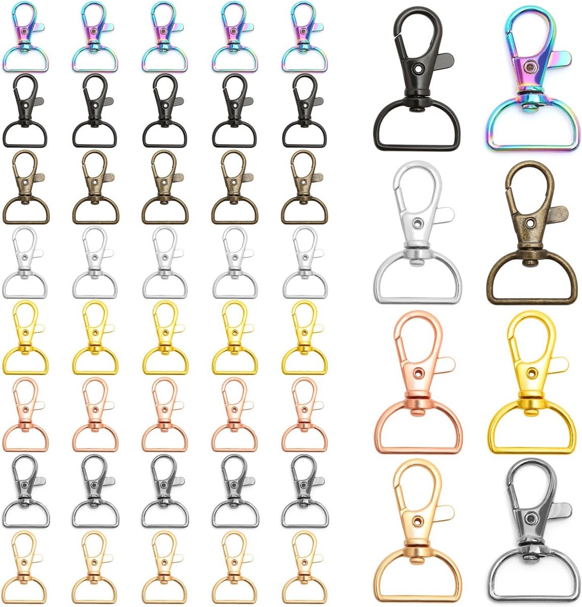 48-delige set metalen draaibare musketonhaken met D-ringen in 8 kleuren voor sieraden, sleutelhangers, tassen en hondenhalsbanden